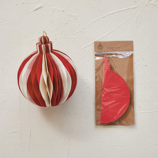 Alternate view of cream and red folding paper honeycomb ornament