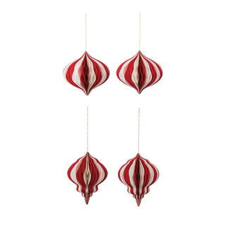 Cream and red paper honeycomb ornament with gold glitter edge