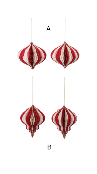 Cream and red honeycomb ornaments in two styles with hanging loops