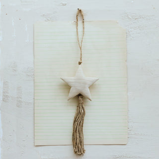Natural paulownia wood star ornament with long jute tassel