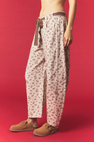 Back view of Bambi print cotton barrel pants