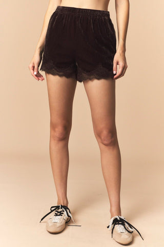 Sweet Truffle woven velvet shorts with feminine lace trim