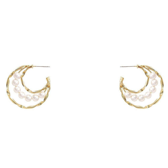 Pearl Bead Hammered Metal Open Hoop Earrings - The Farmhouse