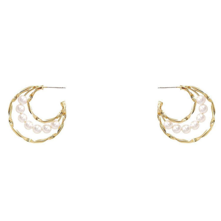 Pearl Bead Hammered Metal Open Hoop Earrings - The Farmhouse