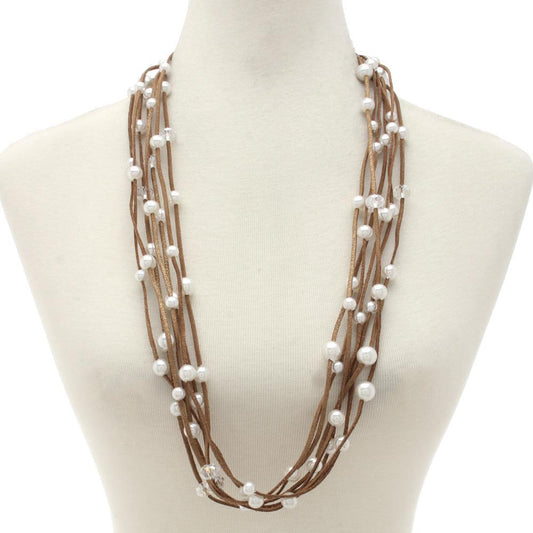 Pearl Bead Suede Layered Necklace - Brown - The Farmhouse