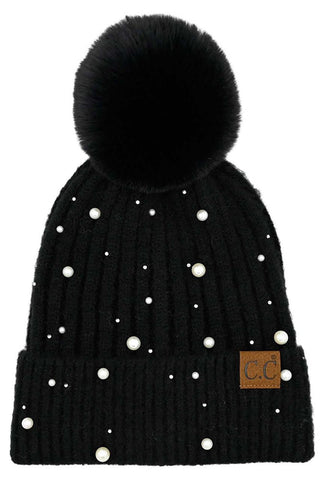 Pearl Embellished Pom Beanie, Black - The Farmhouse