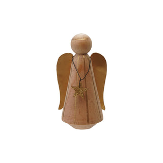 Alternate view of small pine wood angel decoration with glitter star