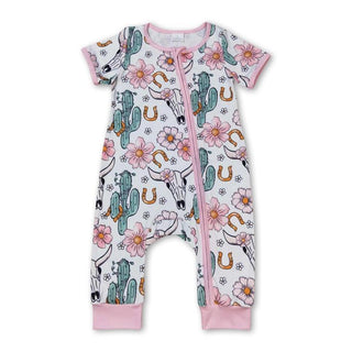 Pink Bull Skull Cactus Floral Baby Girls Zipper Romper - The Farmhouse