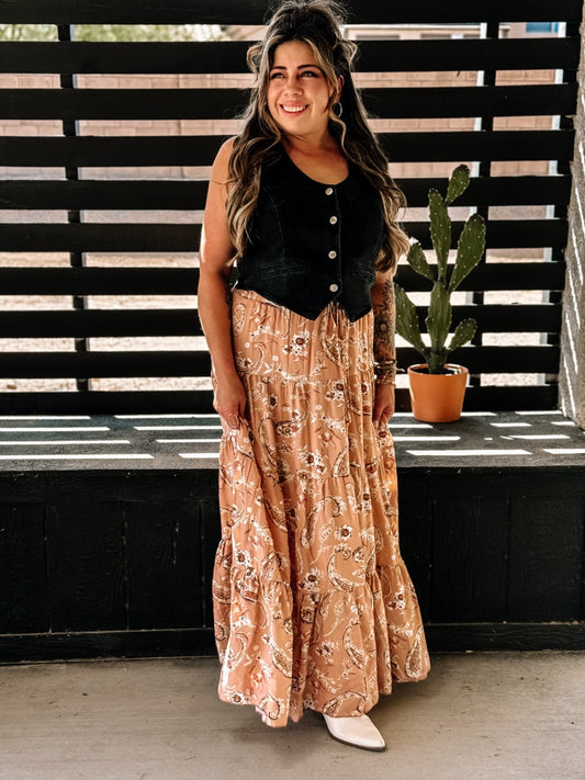 Pink Paisley Boho Western Tiered Maxi Skirt, Pink - The Farmhouse