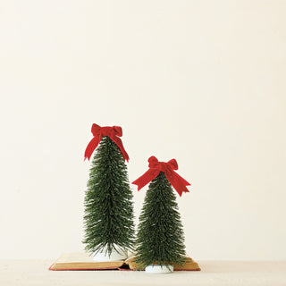 Alternate view of glittered bottle brush tree with velvet bow