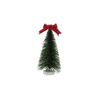 Small glitter bottle brush tree with red velvet bow on wood base