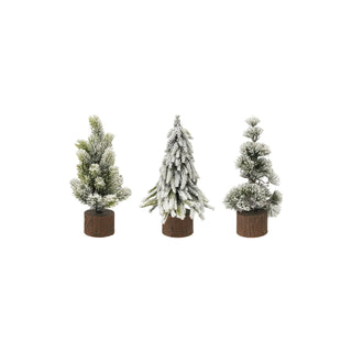 Snow-tipped LED tabletop tree with frosted needles on faux wood slice base