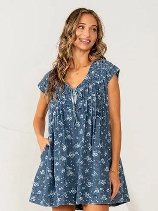Plus Relaxed Fit Floral Denim Pintuck Dress - Dress - The Farmhouse