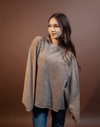 POL chocolate vintage wash thermal top with textured paneling