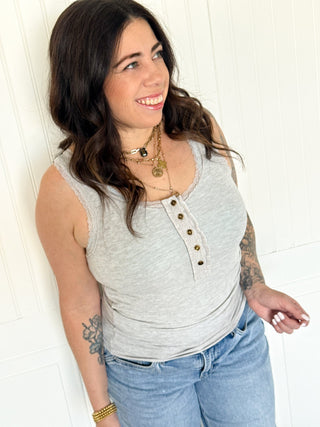 POL Lace Edge Everyday Tank, Heather Gray - 110 Blouses - The Farmhouse