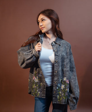 POL black washed denim shirt jacket with embroidered florals at hem