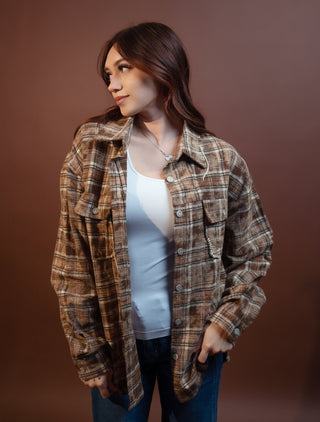 POL chocolate plaid button-front shirt with classic collar and relaxed fit
