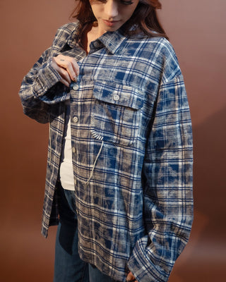 Back view of POL Timber Trail indigo plaid shirt