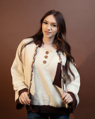 POL cream cozy sweater with roomy body for layering over denim