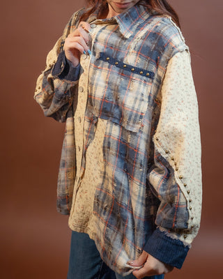 Back view of POL Wildflower Trail floral plaid shirt