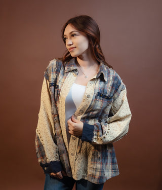 POL floral multi plaid shirt with printed contrast panels and stud detail