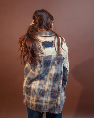 POL floral plaid shirt styled on model open over a tank