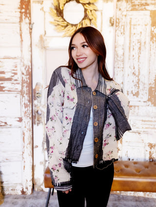 POL Autumn Tapestry cropped boxy jacket with charcoal and ivory floral patchwork