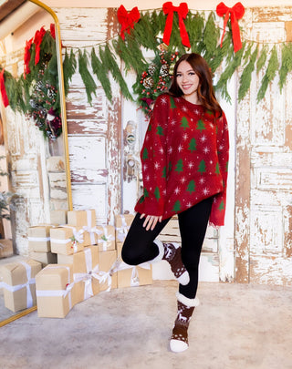 Back view of POL Christmas tree farm sweater with dropped shoulders