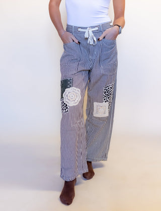 Front view of POL Cocoa Cornstalk patchwork twill pants on model