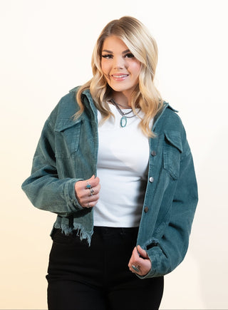 POL Women's Corduroy Ranch Trucker Jacket, Hunter Green - 160 Outerwear - The Farmhouse