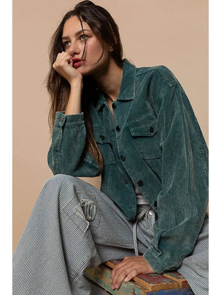 POL Women's Corduroy Ranch Trucker Jacket, Hunter Green - 160 Outerwear - The Farmhouse