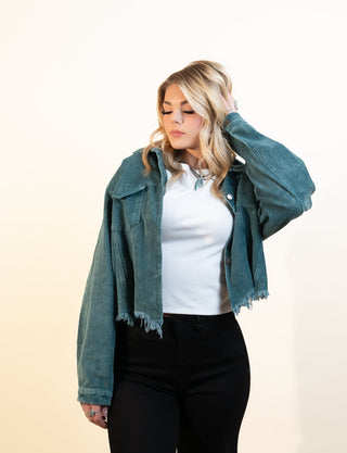 POL Women's Corduroy Ranch Trucker Jacket, Hunter Green - 160 Outerwear - The Farmhouse
