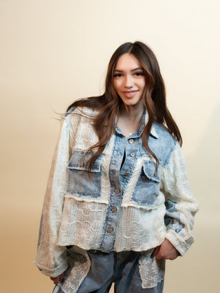 POL Women's Countryside Crochet Denim Long Sleeve Shirt Top - 100 Casual Tops - The Farmhouse