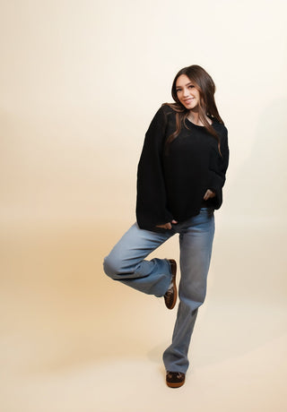 POL Women's Cozy Cropped Pocket Knit Sweater, Black - 110 Blouses - The Farmhouse