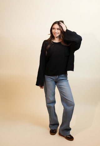 POL Women's Cozy Cropped Pocket Knit Sweater, Black - 110 Blouses - The Farmhouse