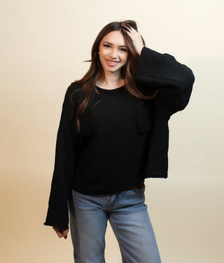 POL Women's Cozy Cropped Pocket Knit Sweater, Black - 110 Blouses - The Farmhouse