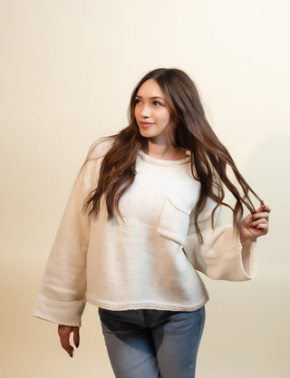POL Women's Cozy Cropped Pocket Knit Sweater, Cream - 110 Blouses - The Farmhouse