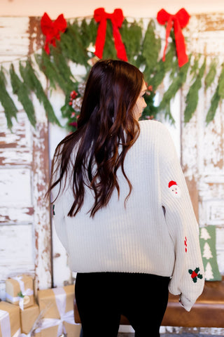 Close-up of plush chenille knit and Christmas details on POL cream sweater