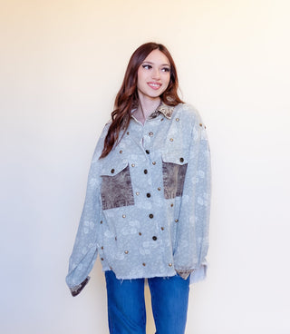 POL Women's Dusty Chocolate Heart & Stud Shacket - 160 Outerwear - The Farmhouse