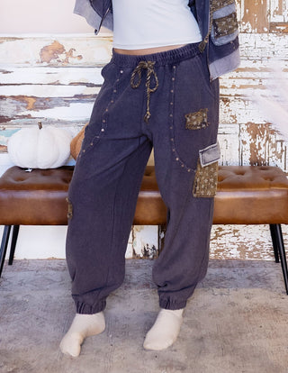 POL Faded Garden snow black low-rise French terry joggers with printed patches