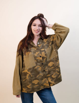 POL Women's Harvest Hunt Studded Camo Shacket - 160 Outerwear - The Farmhouse