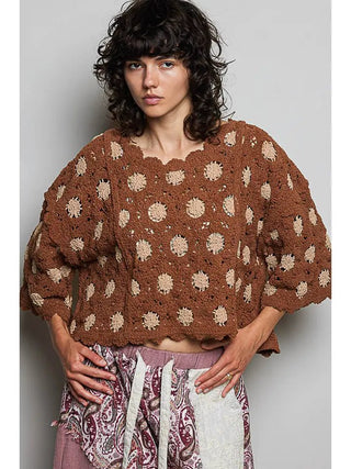 POL Women's Orchard Weave 3/4 Sleeve Top, Brick/Latte - 110 Blouses - The Farmhouse