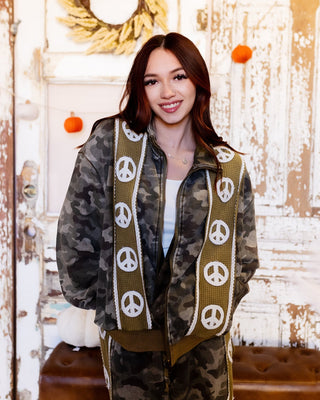 POL Peaceful Rebel printed camo French terry jacket with peace-sign appliqués
