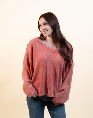 POL Women's Spiced Coral Waffle Knit Top - 100 Casual Tops - The Farmhouse