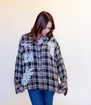 POL Women's Twilight Garden Plaid Appliqué Shirt - 140 Sweatshirts + Sweaters - The Farmhouse