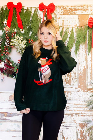 Deep forest green oversized sweater with fuzzy skiing bear in Santa hat