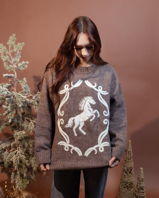 POLAGRAM Women's Dark Brown Holiday Horse Knit Sweater - 140 Sweatshirts + Sweaters - The Farmhouse