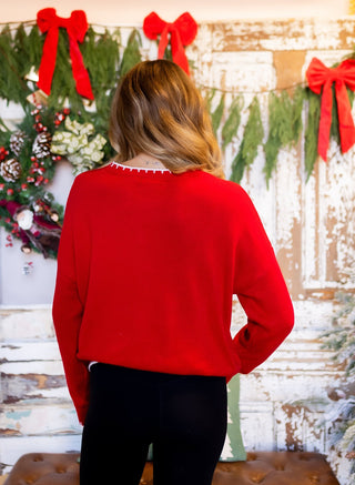 Back view of red Merry Season embroidered knit top