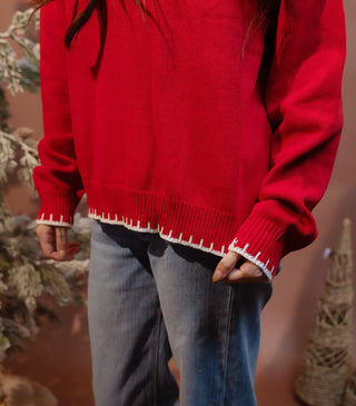 Alternate view of festive red knit top with Merry embroidery