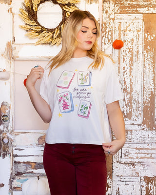 Poppy & Pine cream crop tee with For Sure Gonna Go Mahjongin graphic